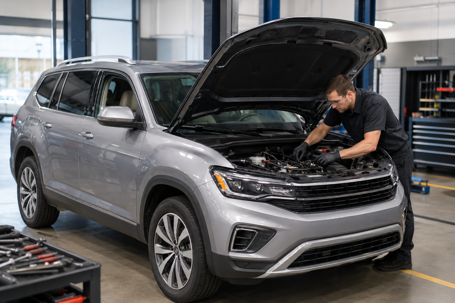 SUV wiring harness inspection in service bay